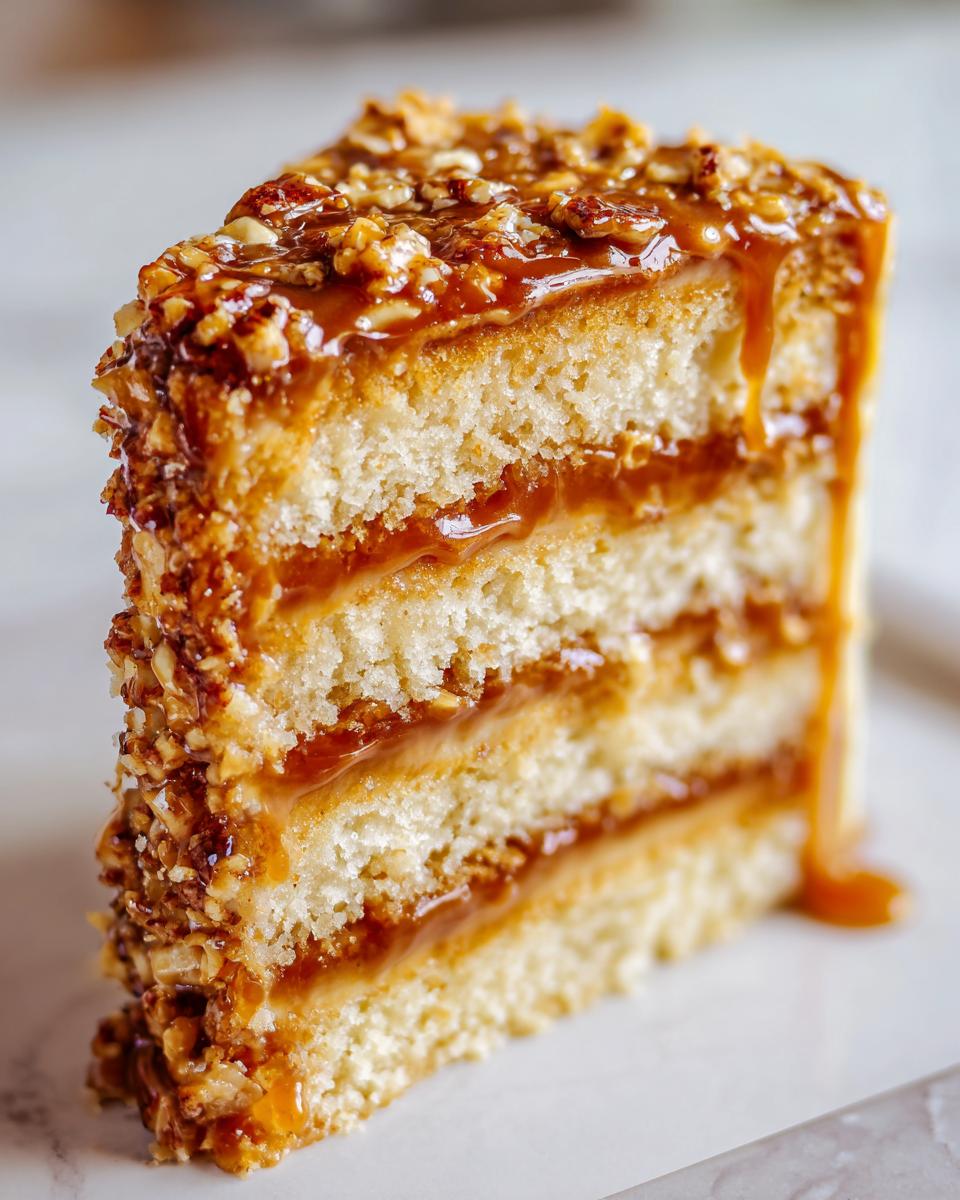 Close-up of a multi-layered slice of caramel crunch cake showing sponge layers, thick caramel filling, and nut topping.