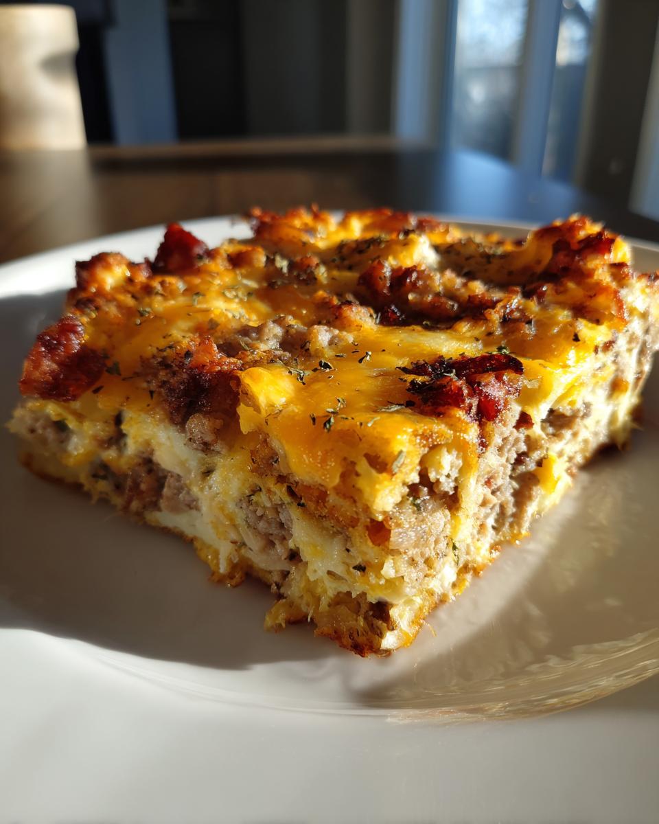 A close-up slice of a hearty Christmas breakfast casserole featuring sausage, eggs, and melted cheddar cheese.