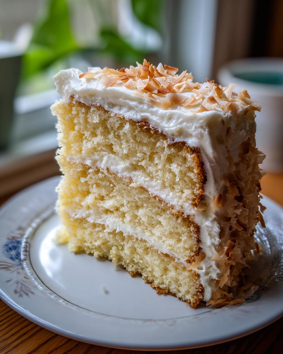 Close-up of a moist slice of coconut cake recipe with white frosting and toasted coconut flakes.
