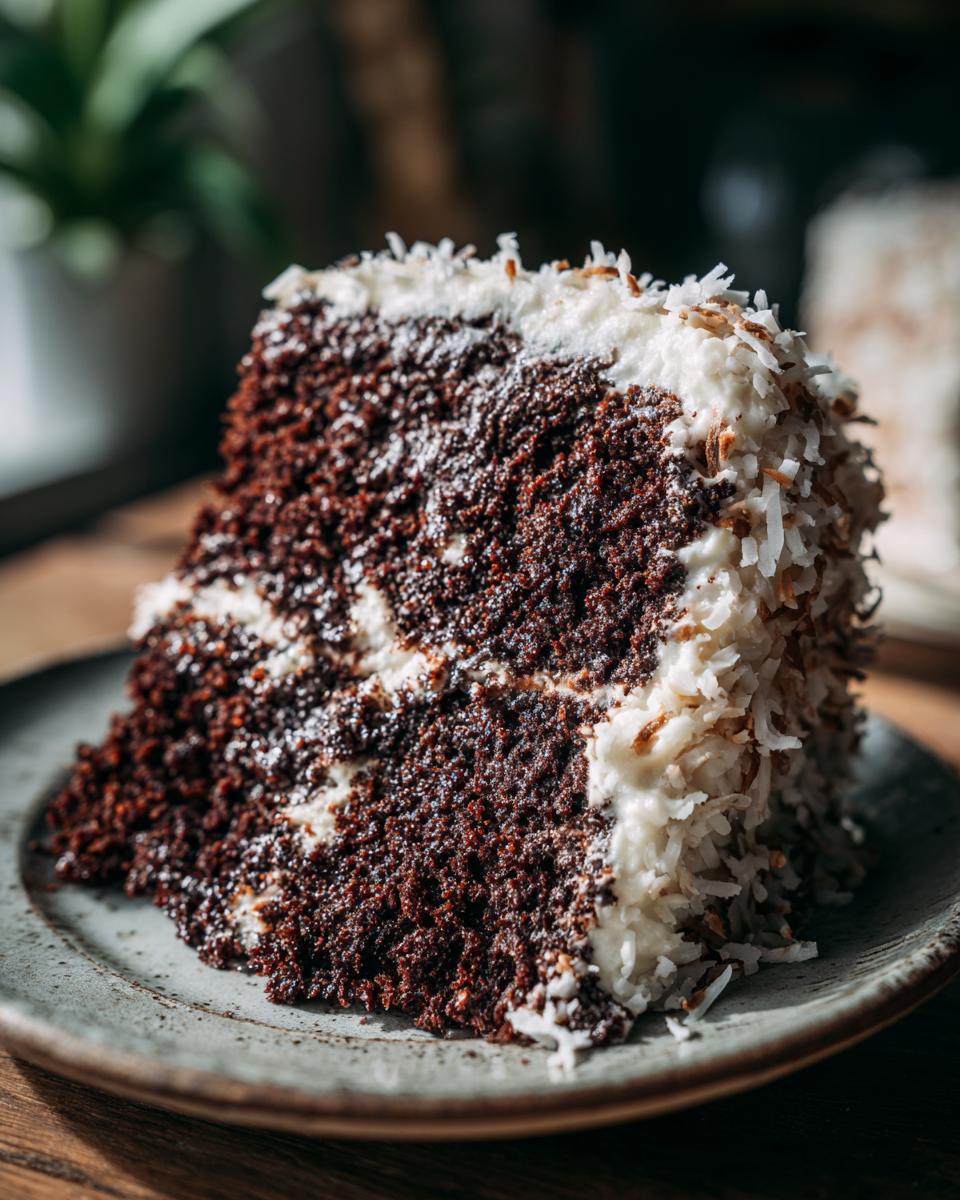 Close-up of a decadent slice of german chocolate cake recipe, featuring dark chocolate layers and white coconut frosting.