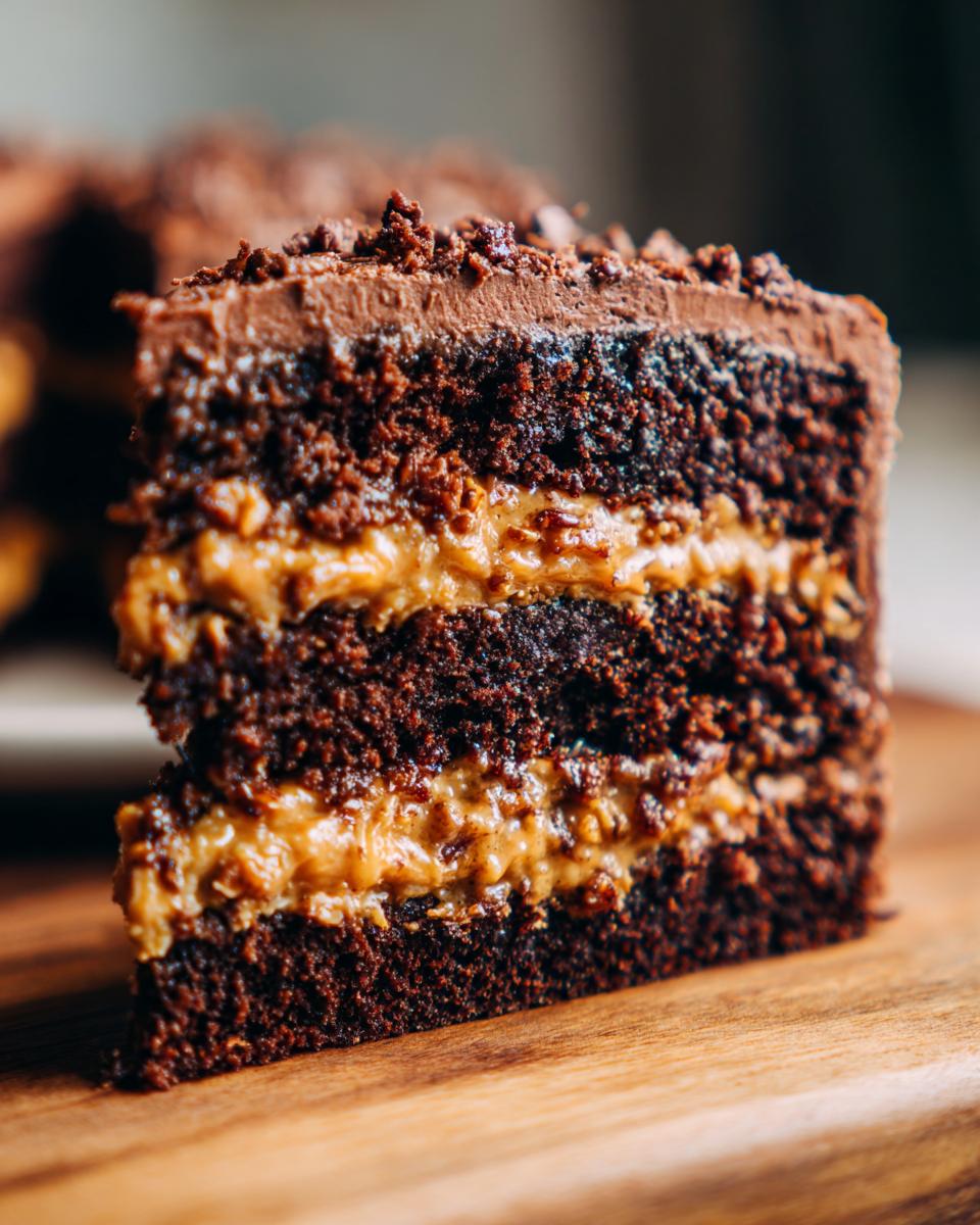 Close-up of a rich slice of german chocolate cake recipe showing three dark chocolate layers and two coconut-pecan frosting fillings.