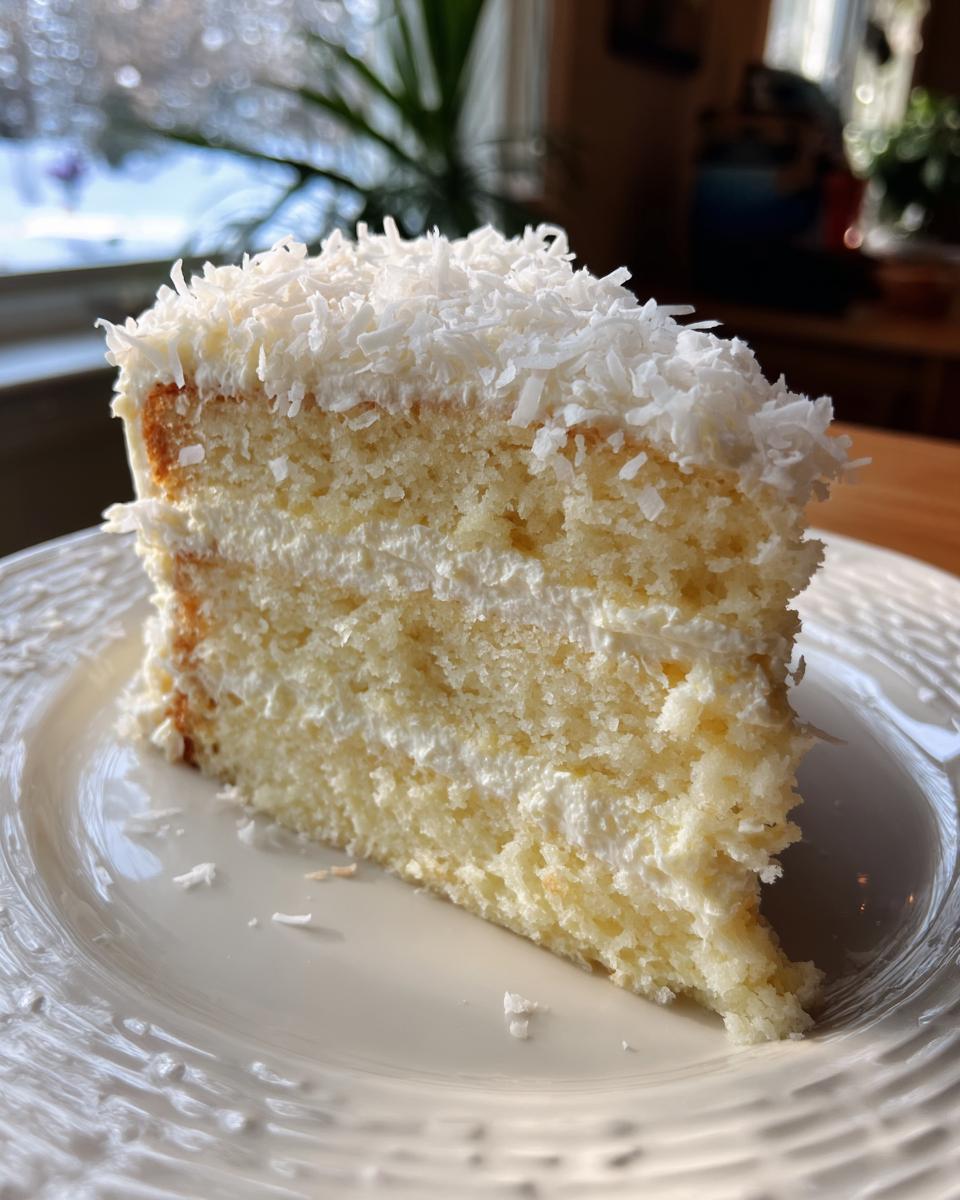 A close-up of a moist slice of layered coconut cake recipe, topped with shredded coconut flakes.