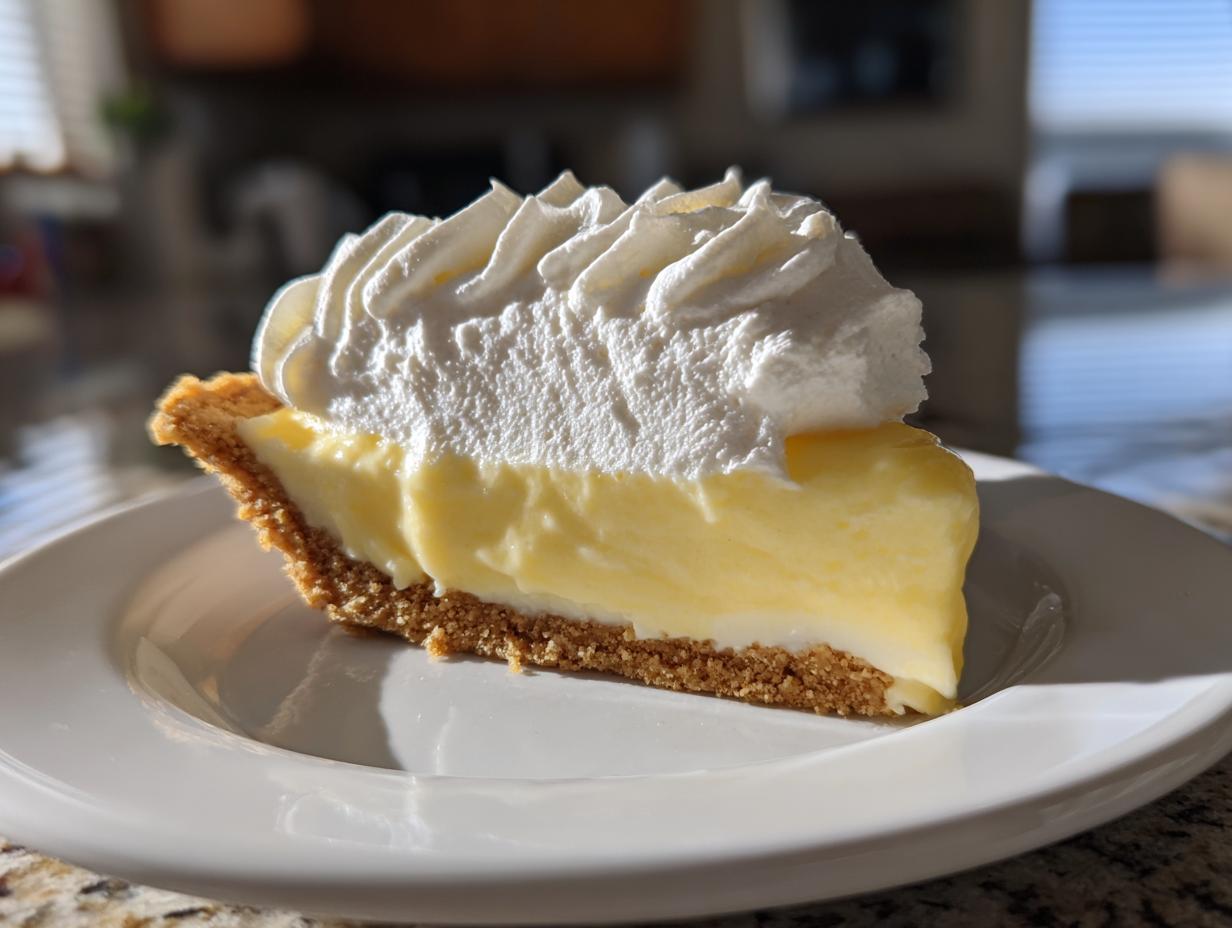 Close-up of a perfect slice of lemon pie featuring a thick graham cracker crust, bright yellow filling, and tall swirl of whipped cream.