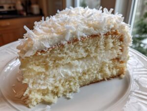 A moist slice of coconut cake recipe layered with white frosting and topped generously with shredded coconut flakes.