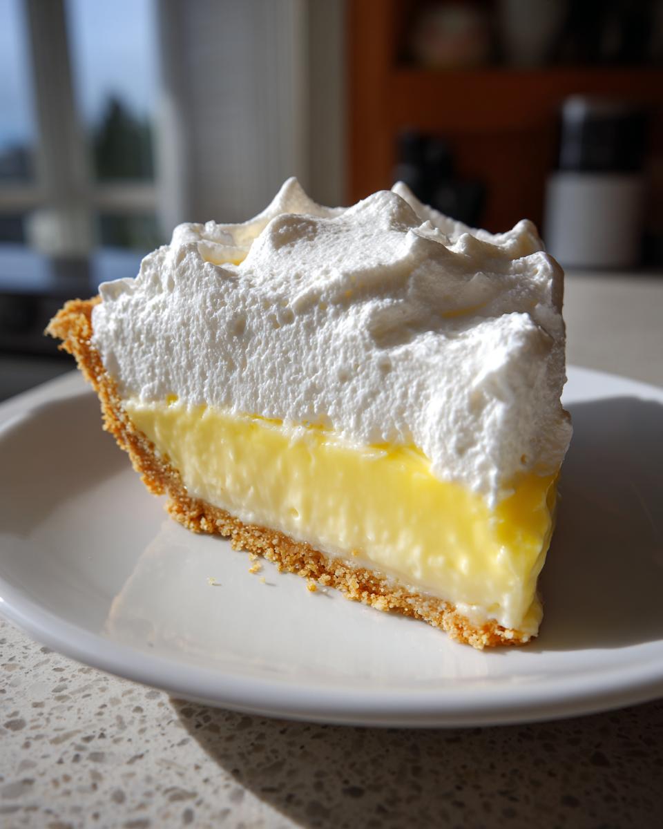 A thick slice of bright yellow lemon pie topped with fluffy white whipped cream on a white plate.