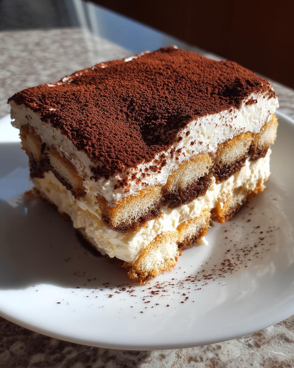 A delicious, layered slice of homemade tiramisu recipe topped generously with cocoa powder, served on a white plate.