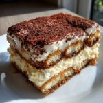 A rich, layered slice of tiramisu recipe dessert dusted heavily with cocoa powder on a white plate.