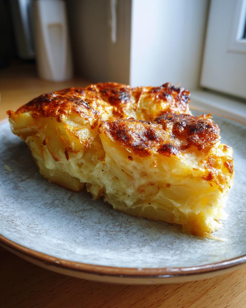 A close-up of a perfectly baked slice of potatoes au gratin showing creamy layers and a deeply browned, cheesy crust.