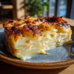 A thick, square slice of creamy potatoes au gratin with a deeply browned, cheesy crust, served on a blue plate.