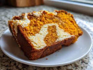 A close-up of a moist slice of pumpkin cream cheese bread showing the orange pumpkin swirl and white cream cheese center.