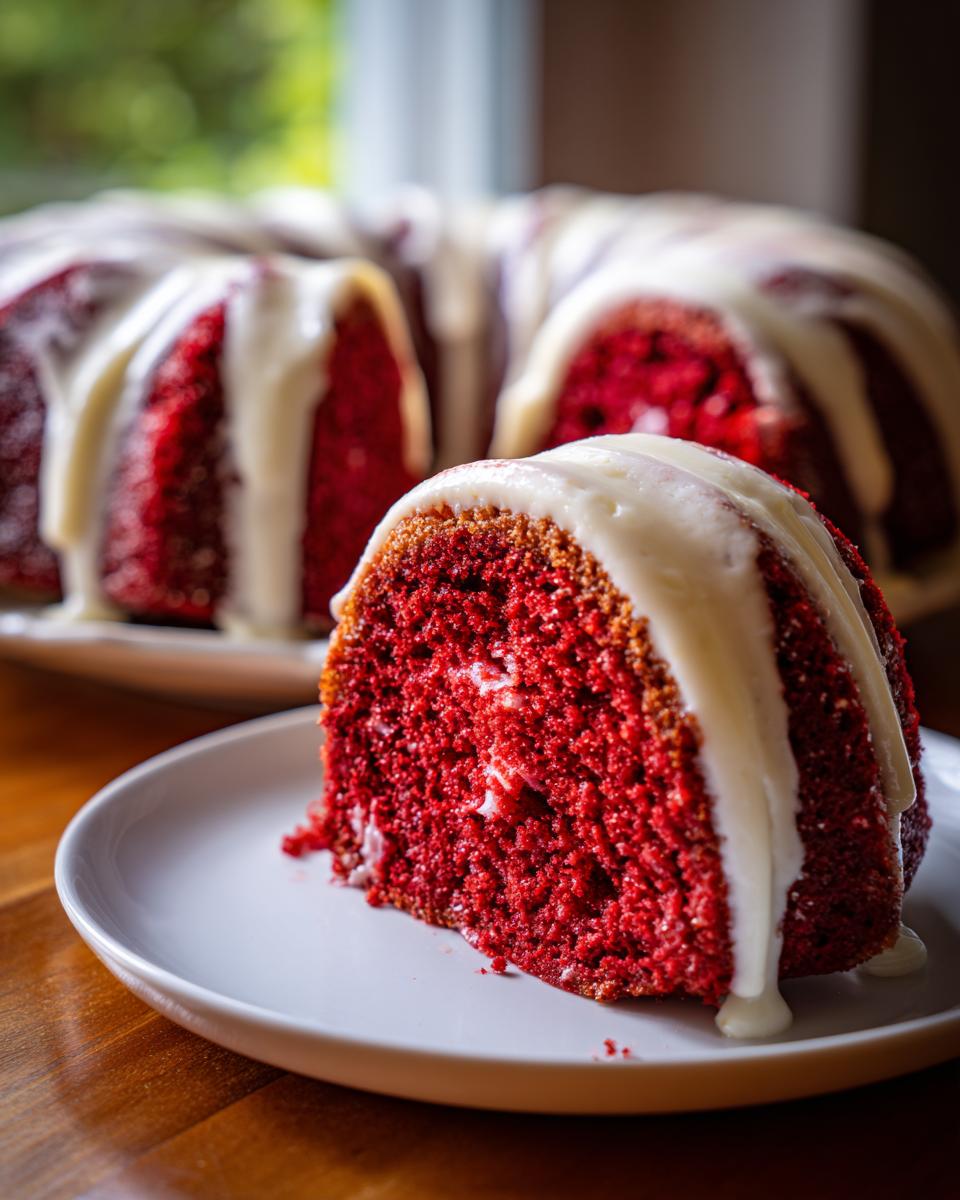 A close-up slice of vibrant red velvet bundt cake topped with thick white glaze, with the rest of the cake blurred in the background.