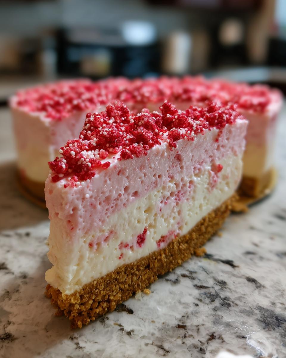 A close-up slice of strawberry crunch cheesecake showing graham cracker crust and pink/white layers topped with red crunch.