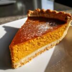 Close-up of a perfectly baked slice of vegan pumpkin pie showing the rich orange filling and flaky crust, dusted lightly with powdered sugar.