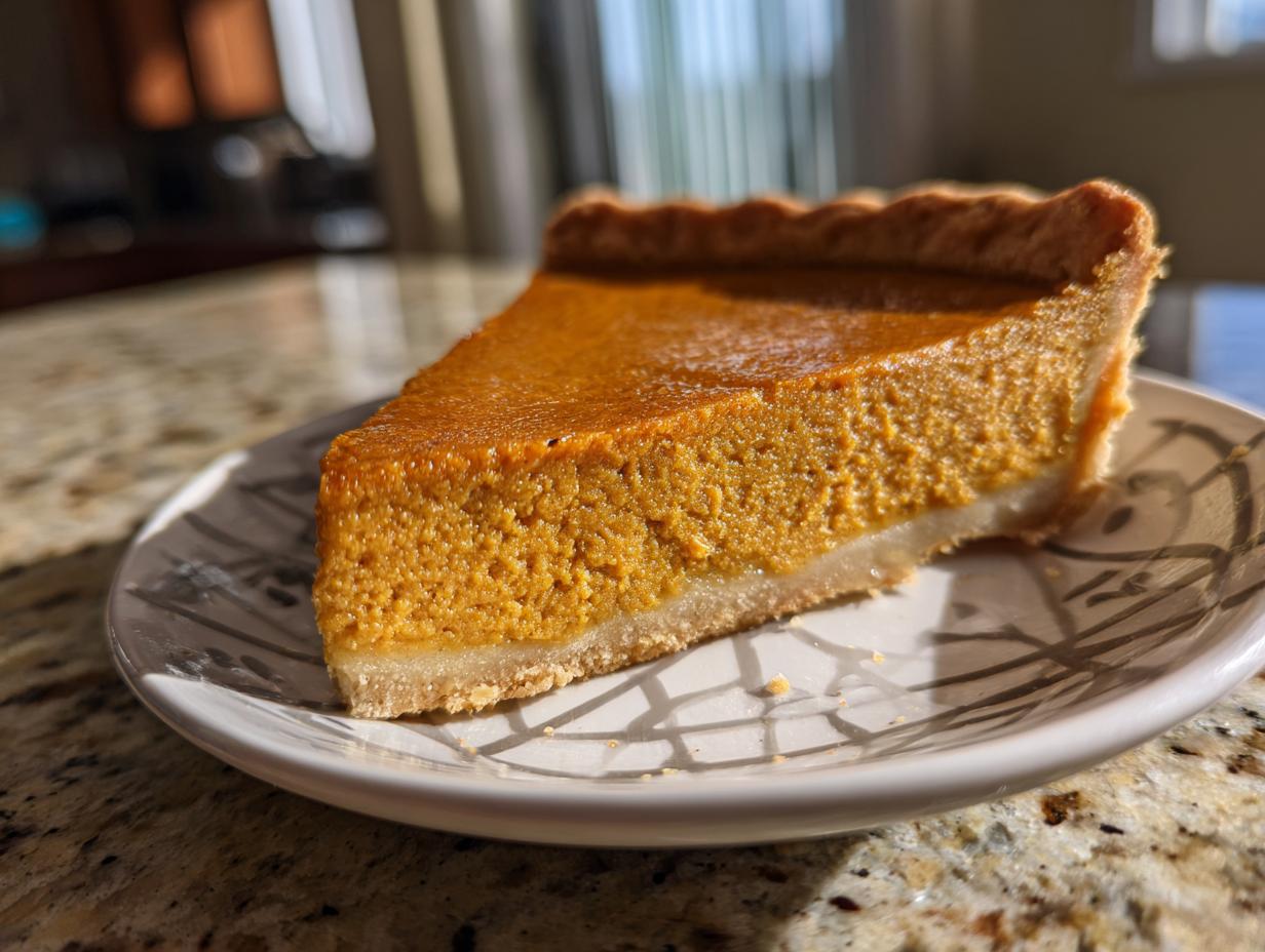 A close-up, sunlit slice of rich orange vegan pumpkin pie resting on a decorative plate.