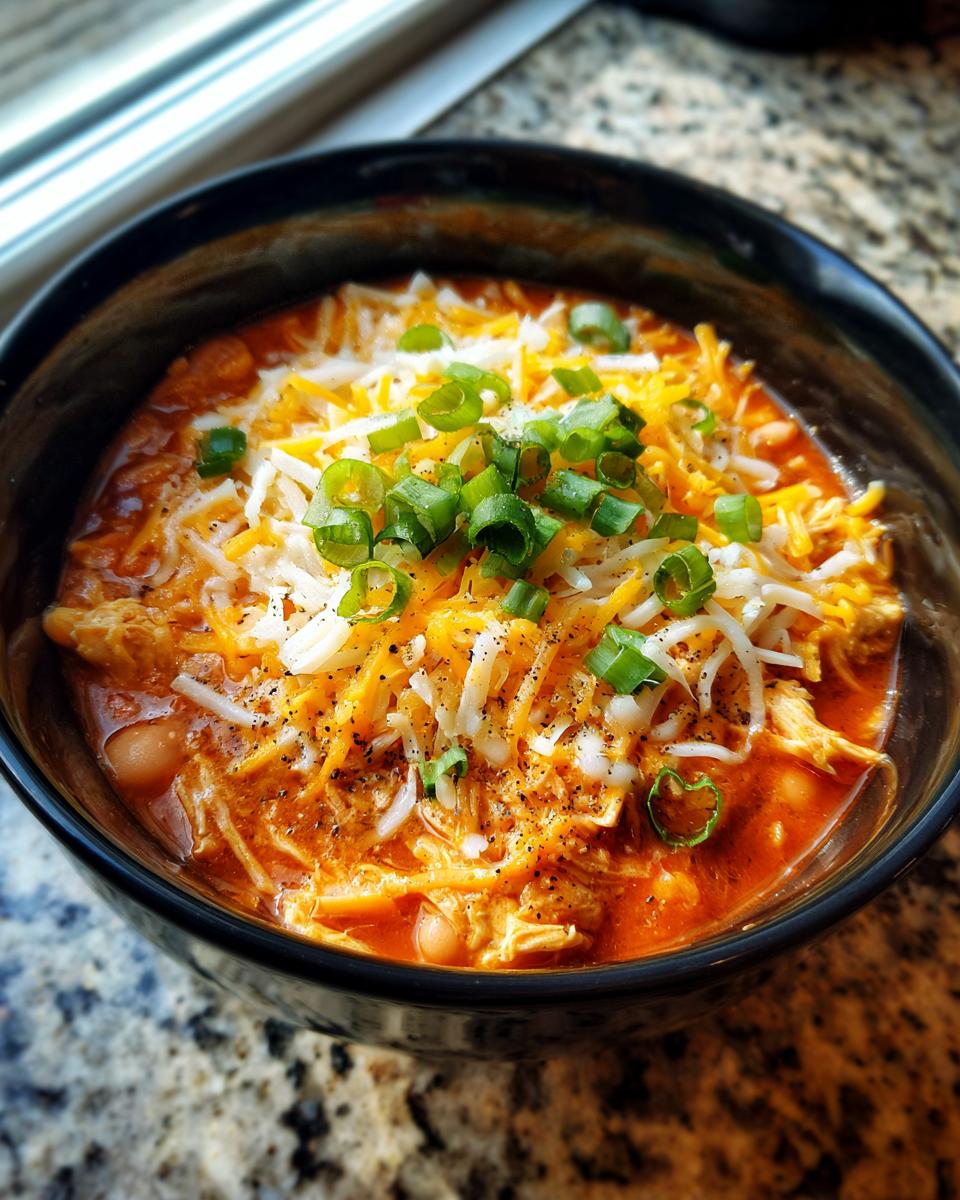 A close-up of a black bowl filled with rich, orange slow cooker buffalo chicken chili, topped generously with shredded cheese and sliced green onions.