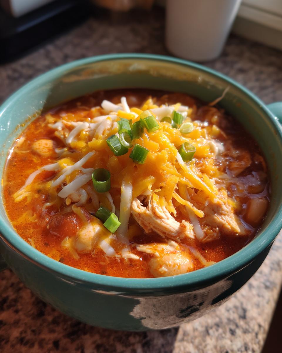 Close-up of a steaming bowl of slow cooker buffalo chicken chili topped with shredded cheddar and Monterey Jack cheese and green onions.