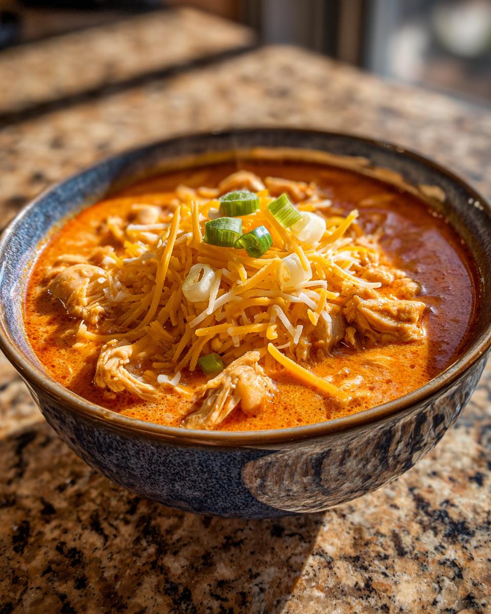 Close-up of a hearty bowl of slow cooker buffalo chicken chili topped with shredded cheese and green onions.