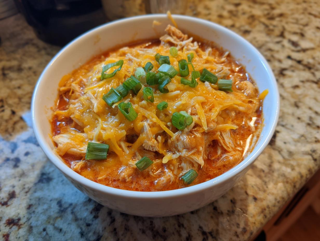 A white bowl filled with rich, orange slow cooker buffalo chicken chili, topped with shredded cheddar cheese and sliced green onions.