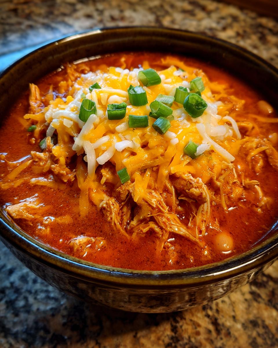 Close-up of a bowl of rich, red slow cooker buffalo chicken chili topped with shredded cheese and green onions.