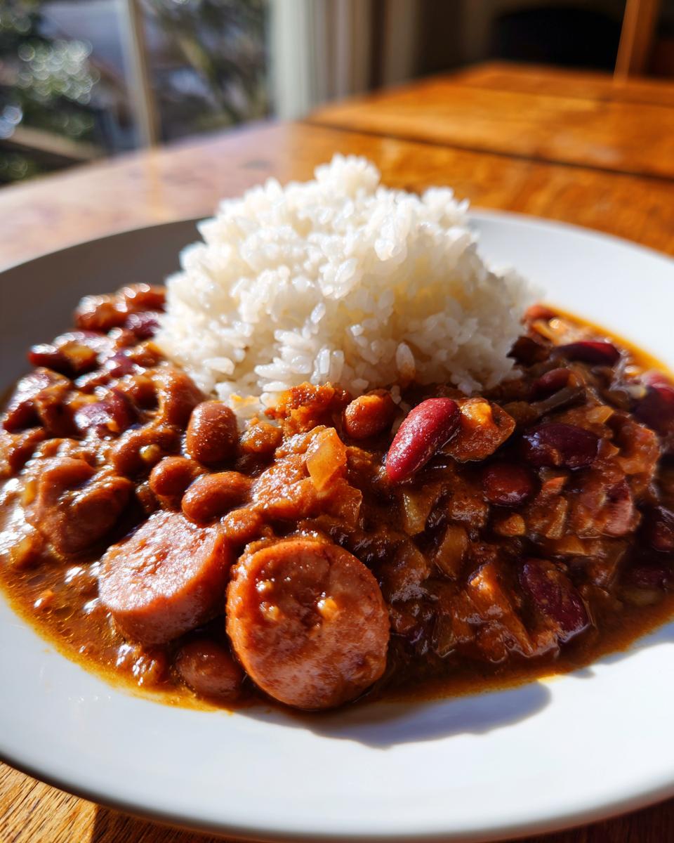 A close-up of a plate featuring slow cooker red beans and rice topped with sliced smoked sausage, served next to a mound of white rice.