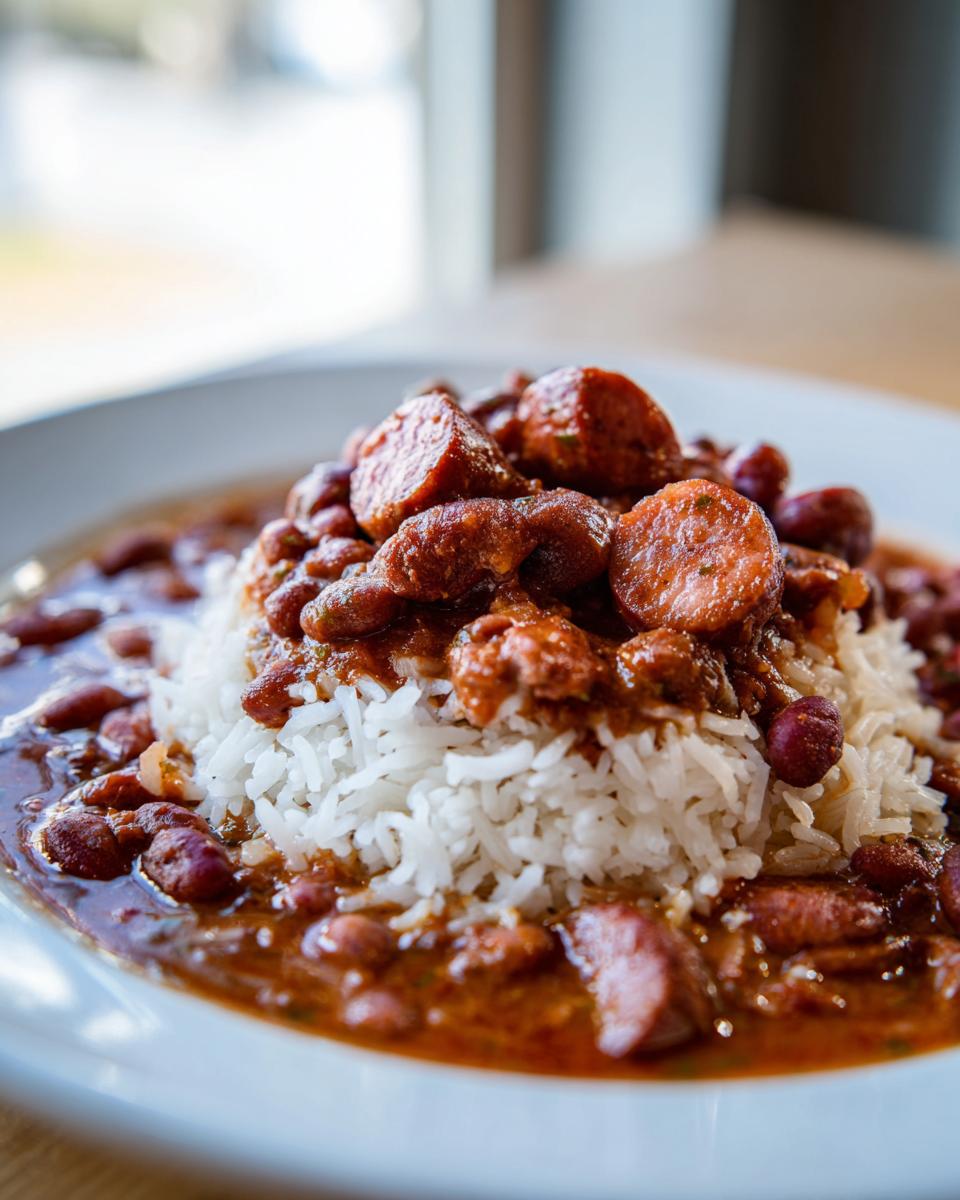 A close-up of a serving of slow cooker red beans and rice, topped with sliced smoked sausage, served over white rice.