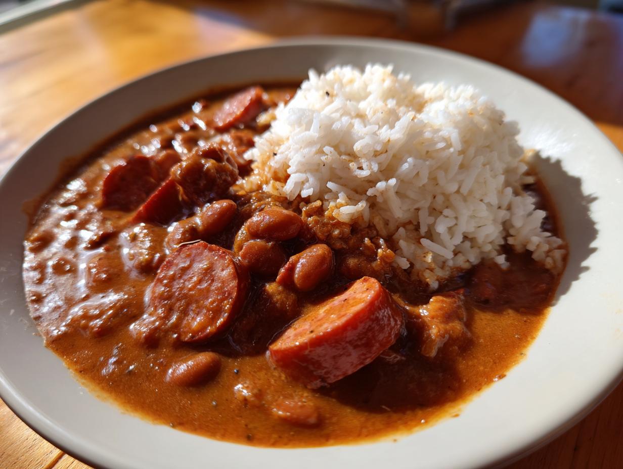 A close-up of a bowl featuring rich, saucy slow cooker red beans and rice topped with slices of smoked sausage.