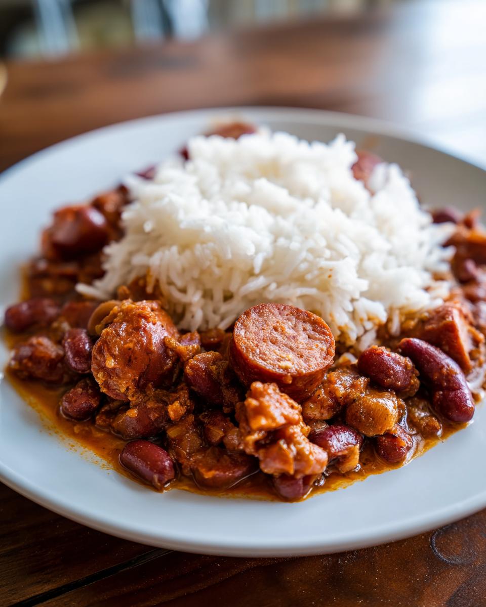 A close-up of a white plate piled high with slow cooker red beans and rice, featuring slices of smoked sausage.