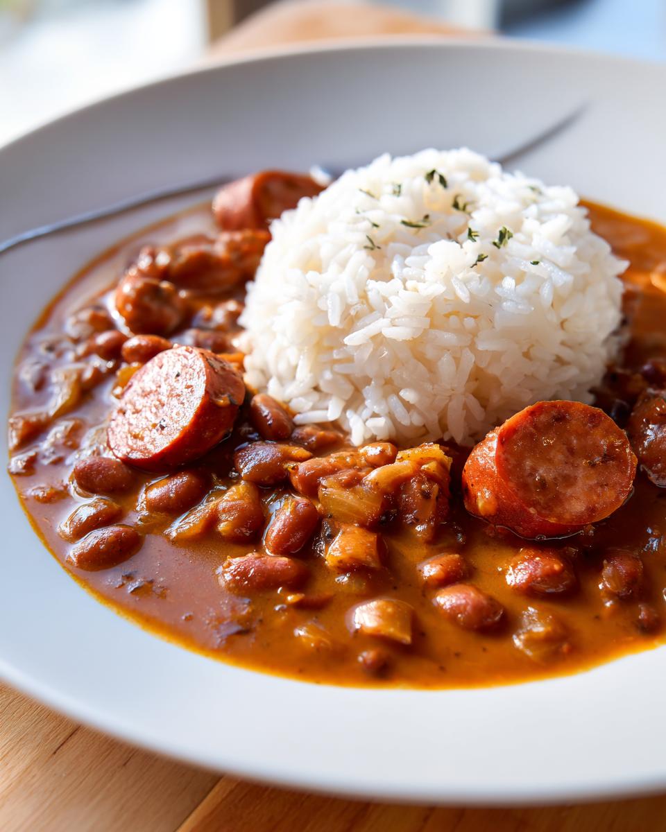 Close-up of a white bowl filled with rich, saucy slow cooker red beans and rice topped with a mound of white rice and sliced andouille sausage.