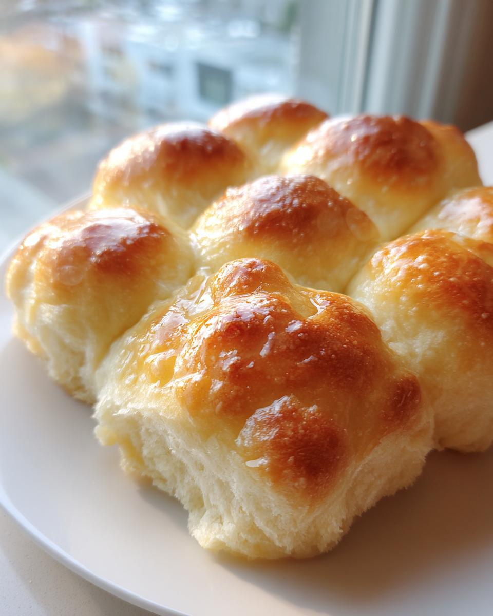 A cluster of freshly baked, soft dinner rolls with a shiny, buttery glaze resting on a white plate.