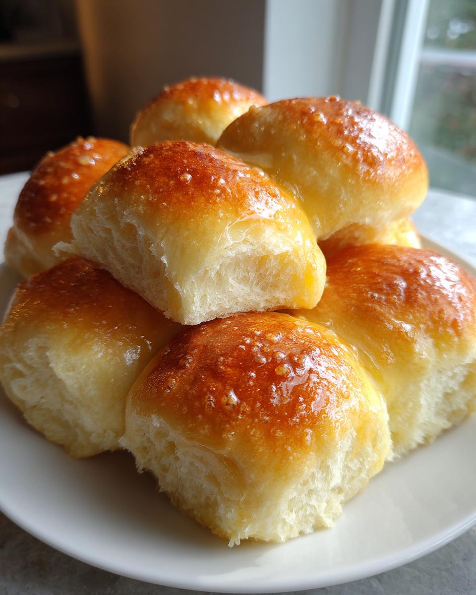 A stack of freshly baked, golden-brown dinner rolls with a shiny butter glaze.