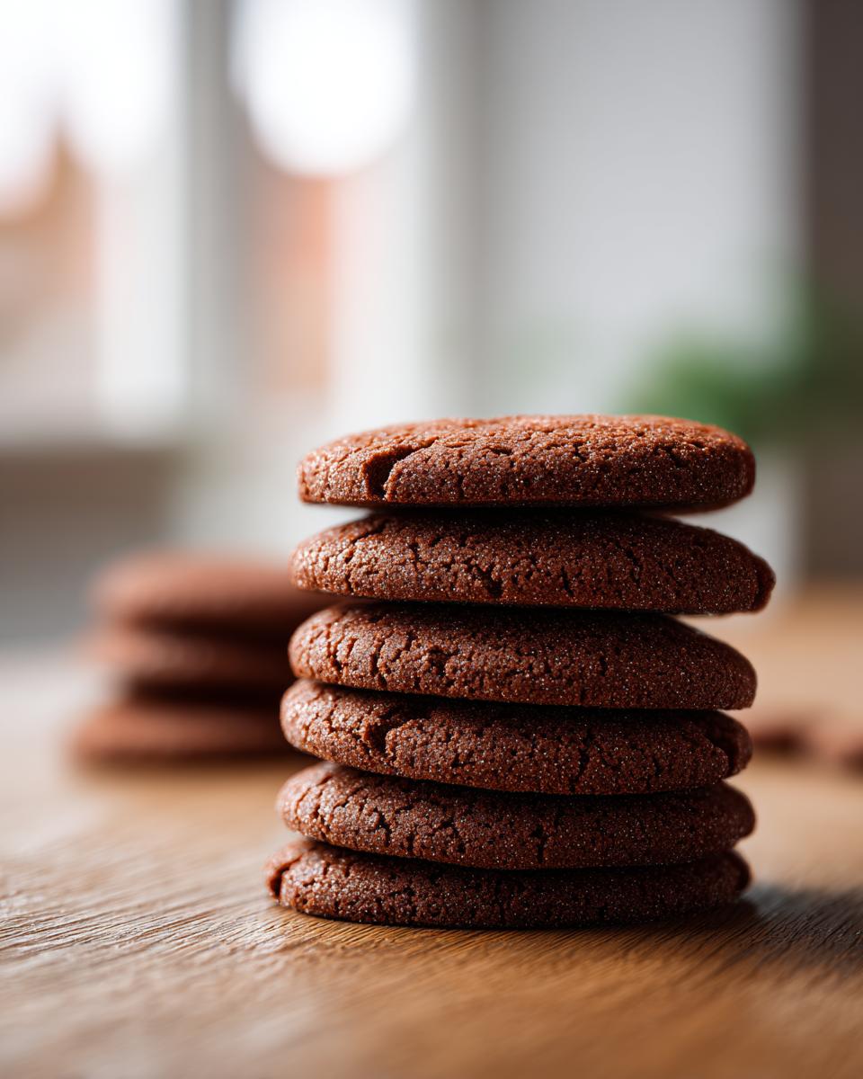 A vertical stack of five dark brown, soft gingerbread cookies resting on a wooden surface.