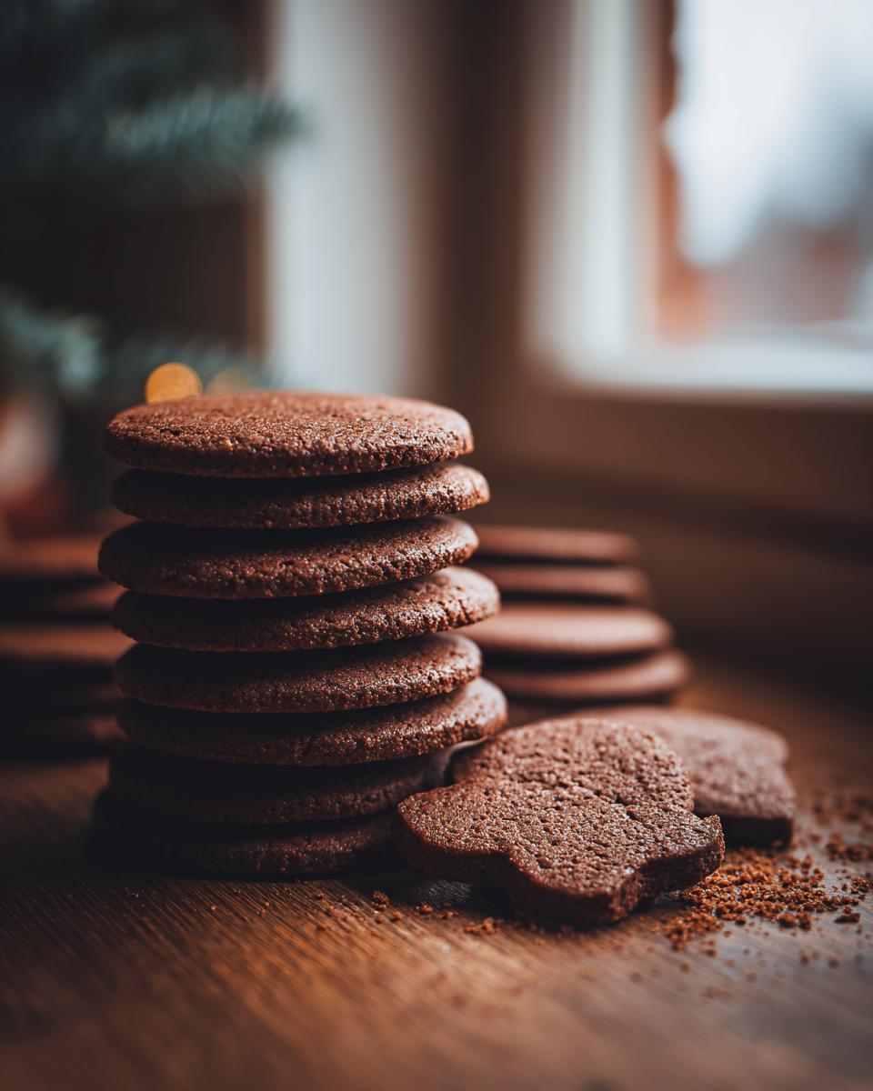 A tall stack of dark, rich soft gingerbread cookies sits on a wooden table next to a partially eaten cookie.