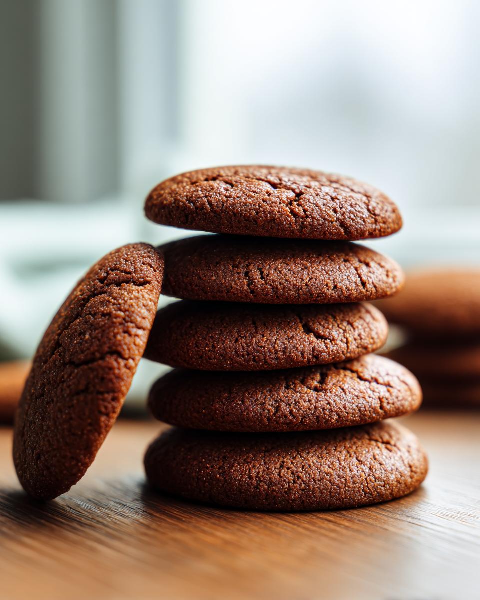 A close-up stack of five rich brown soft gingerbread cookies resting on a wooden surface.