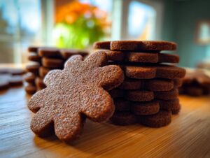 Close-up of stacked, dark brown, flower-shaped soft gingerbread cookies on a wooden surface.