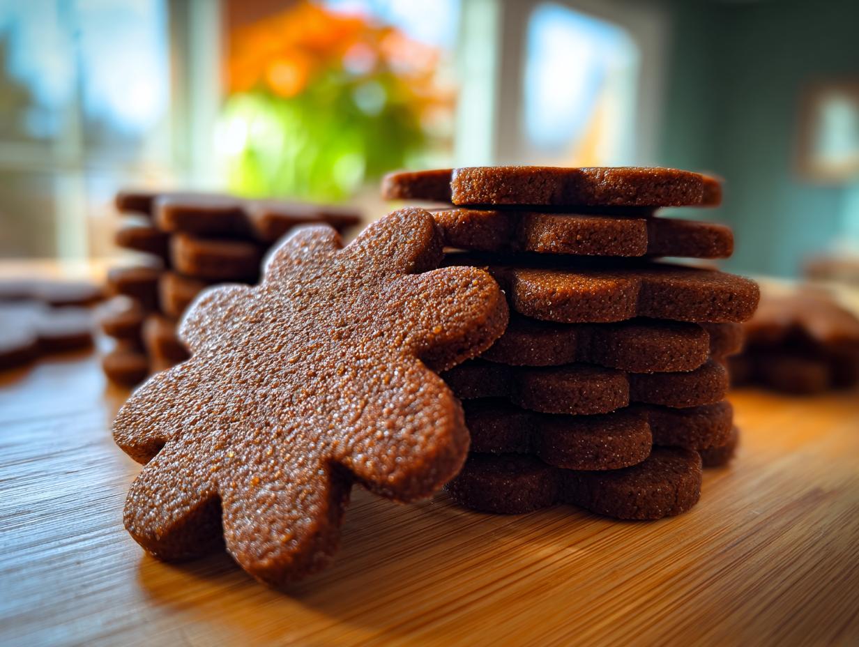 Close-up of stacked, dark brown, flower-shaped soft gingerbread cookies on a wooden surface.
