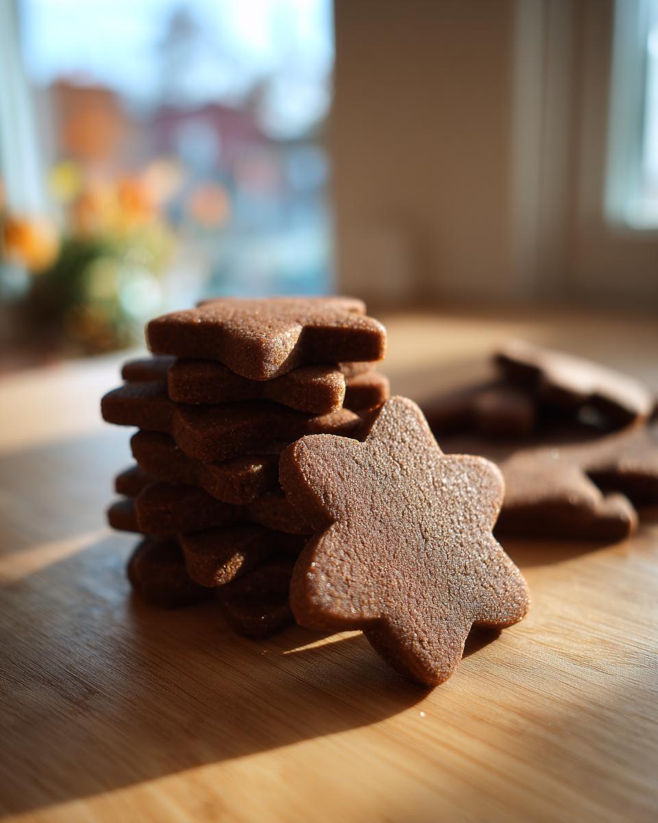 A stack of dark brown, star-shaped soft gingerbread cookies resting on a wooden surface in warm sunlight.