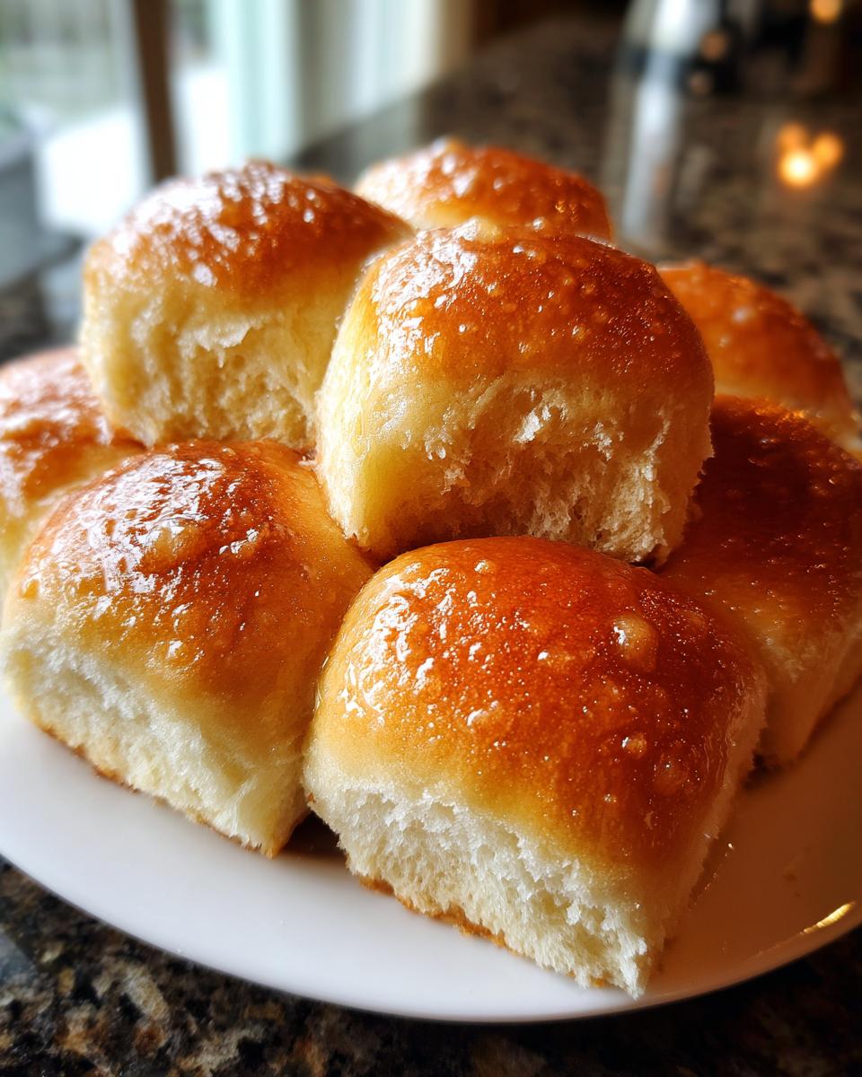 A stack of freshly baked, soft dinner rolls with a shiny, buttery glaze on top.