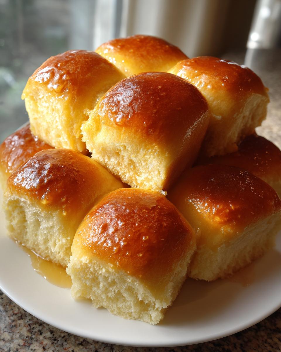 Close-up of a stack of soft, golden brown dinner rolls brushed with a shiny glaze.