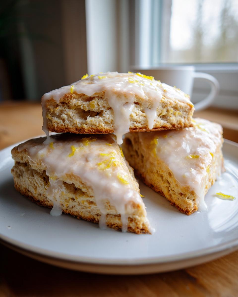 Three soft lemon scones stacked on a plate, generously drizzled with white glaze and topped with bright yellow lemon zest.