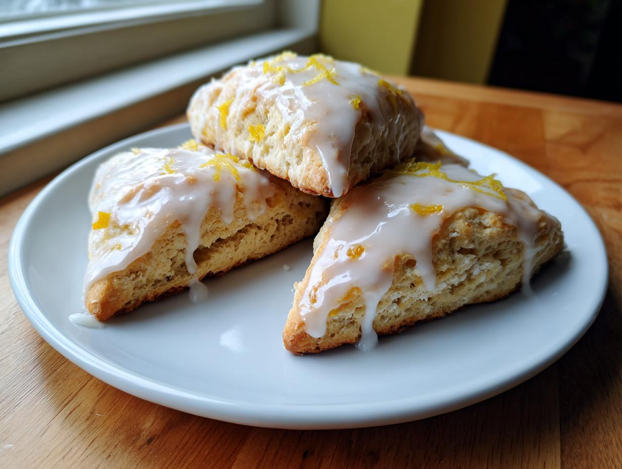 Close-up of three triangular lemon scones topped with thick white glaze and bright yellow lemon zest.