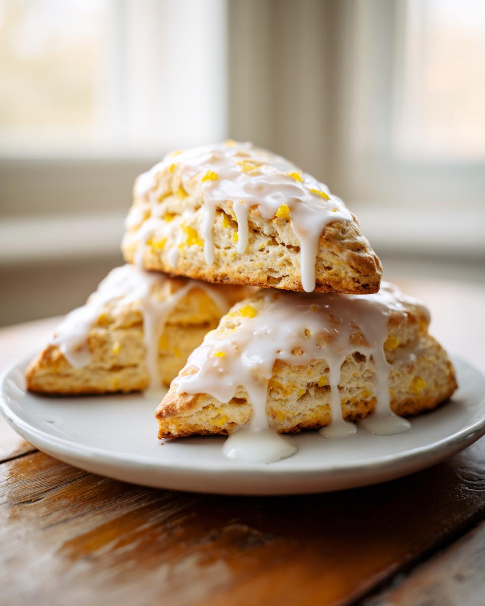 Three soft lemon scones stacked on a white plate, drizzled heavily with white glaze and topped with lemon zest.