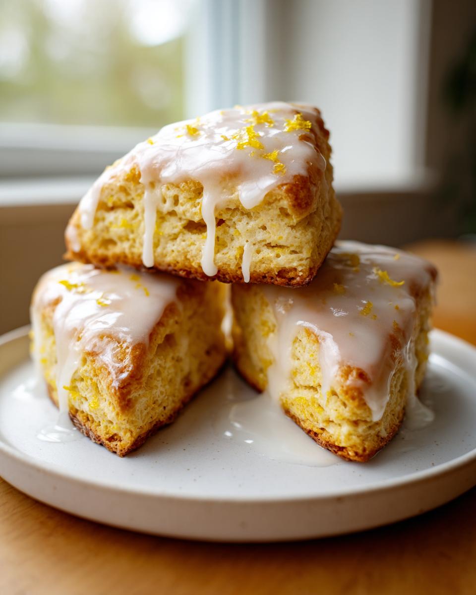 Three soft lemon scones stacked on a plate, drizzled with white glaze and topped with bright yellow lemon zest.