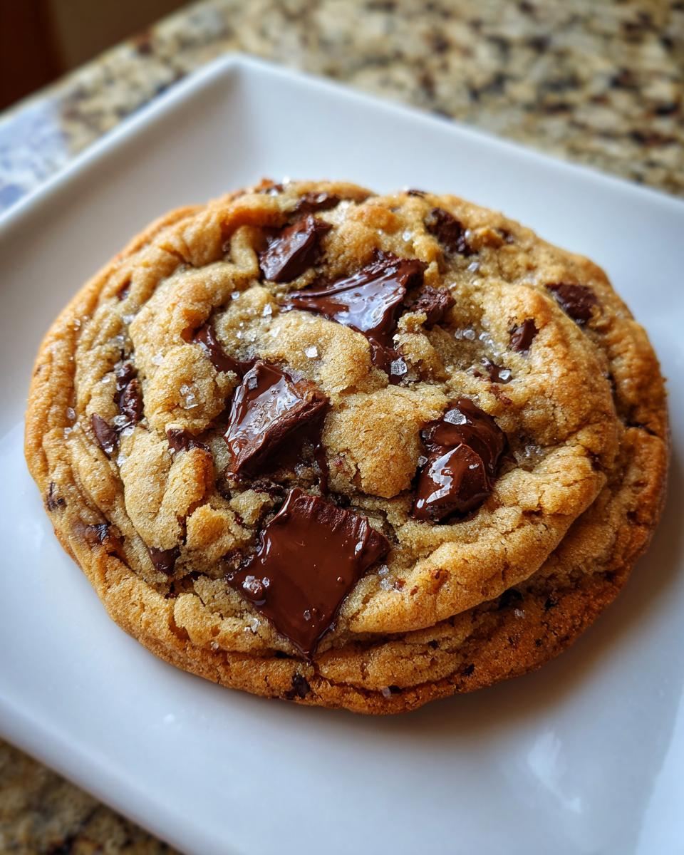 A close-up of a perfectly baked sourdough chocolate chip cookie topped with melted chocolate chunks and flaky sea salt.