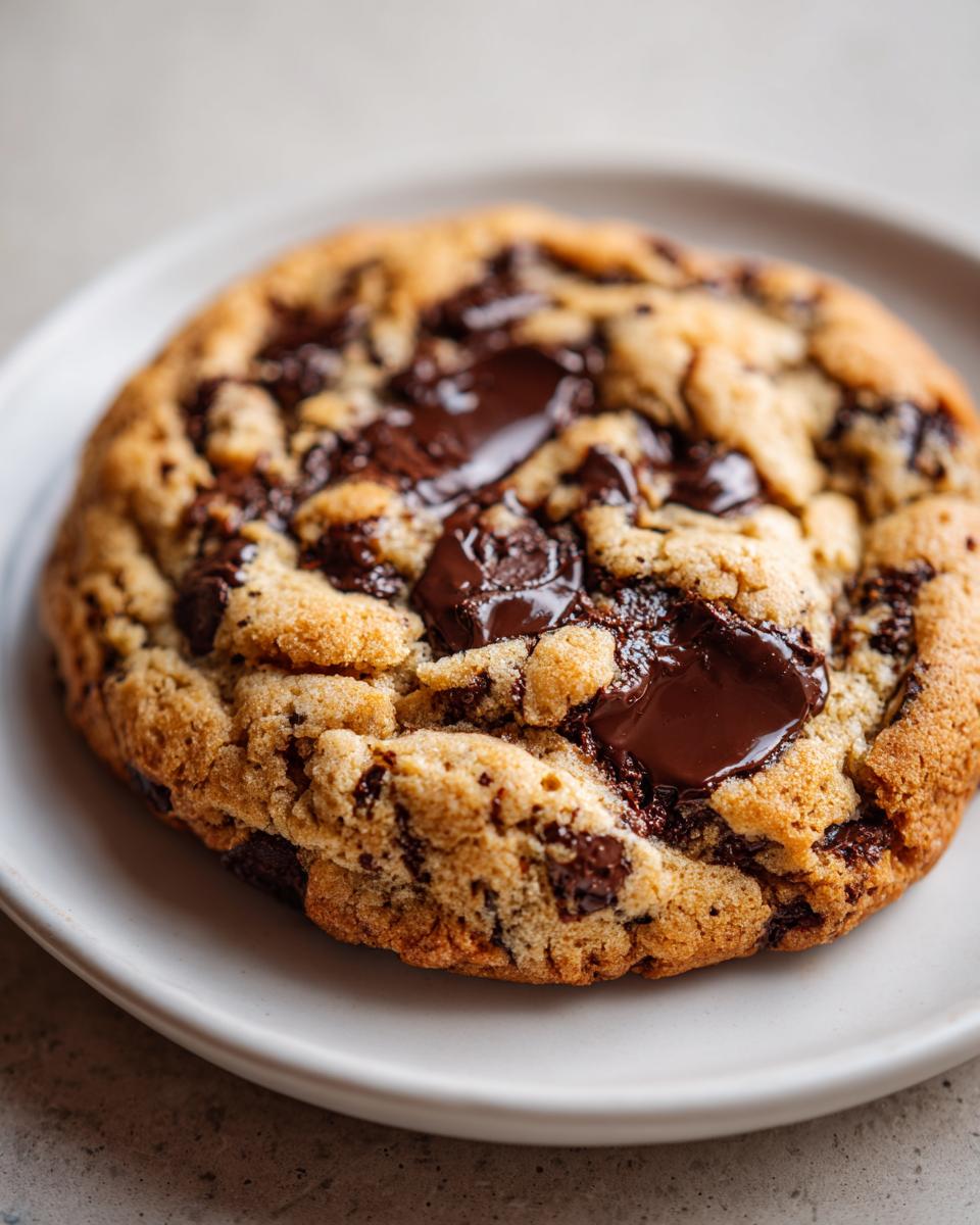 Close-up of a single, perfectly baked sourdough chocolate chip cookie with melted chocolate pools.