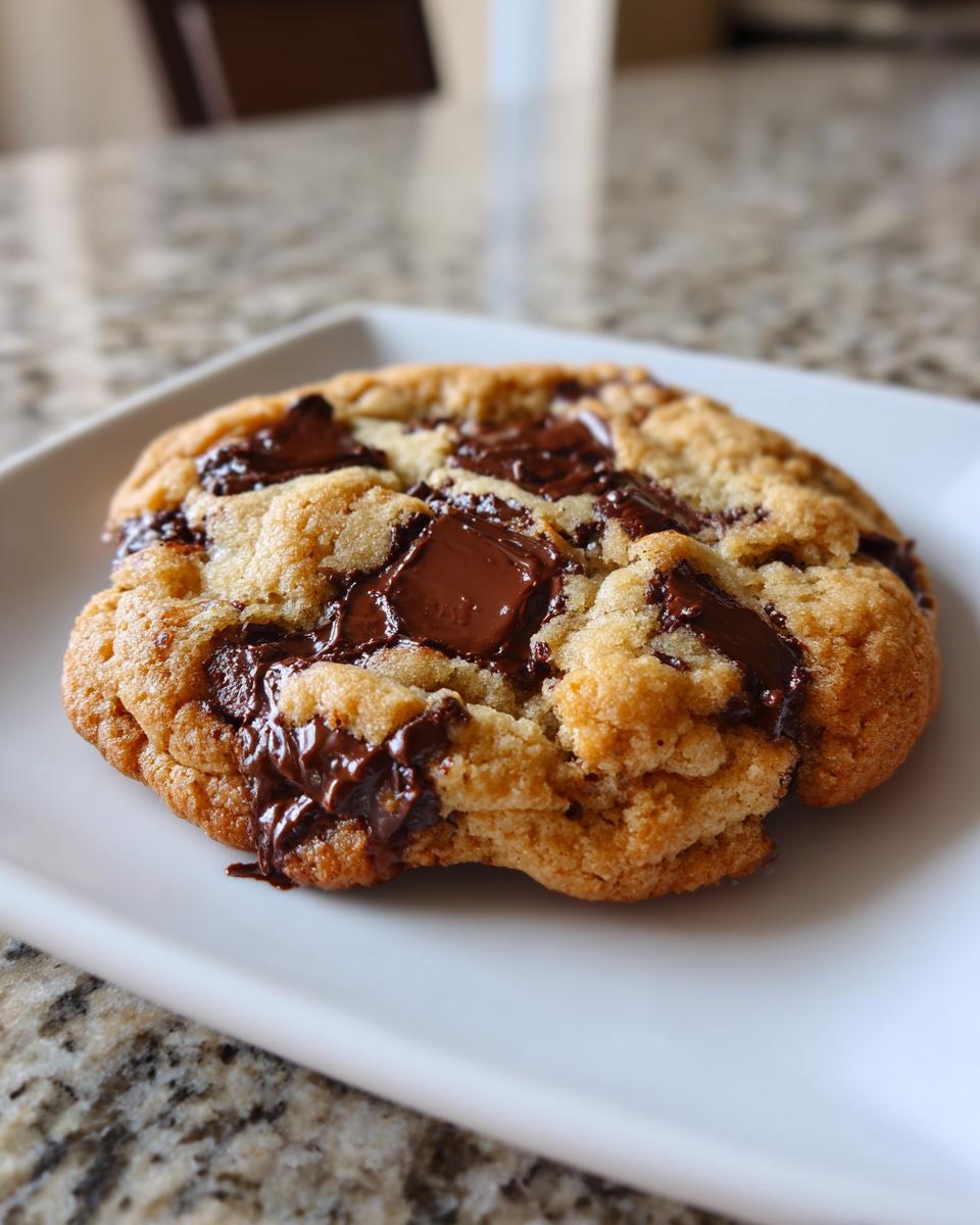 A single, thick sourdough chocolate chip cookie with melted chocolate chunks, resting on a white plate.