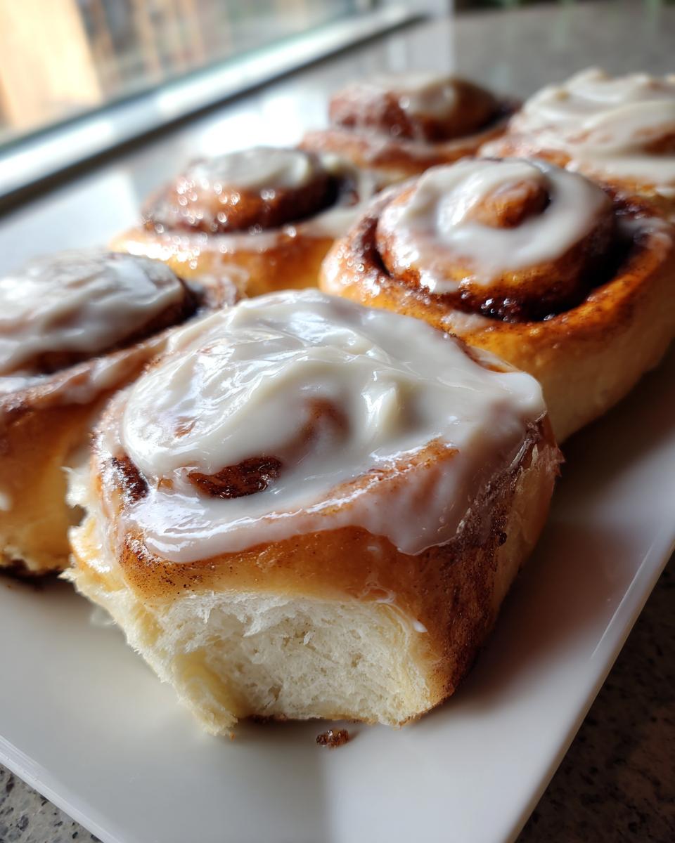 A close-up view of several freshly baked sourdough discard cinnamon rolls topped with thick white icing on a white platter.