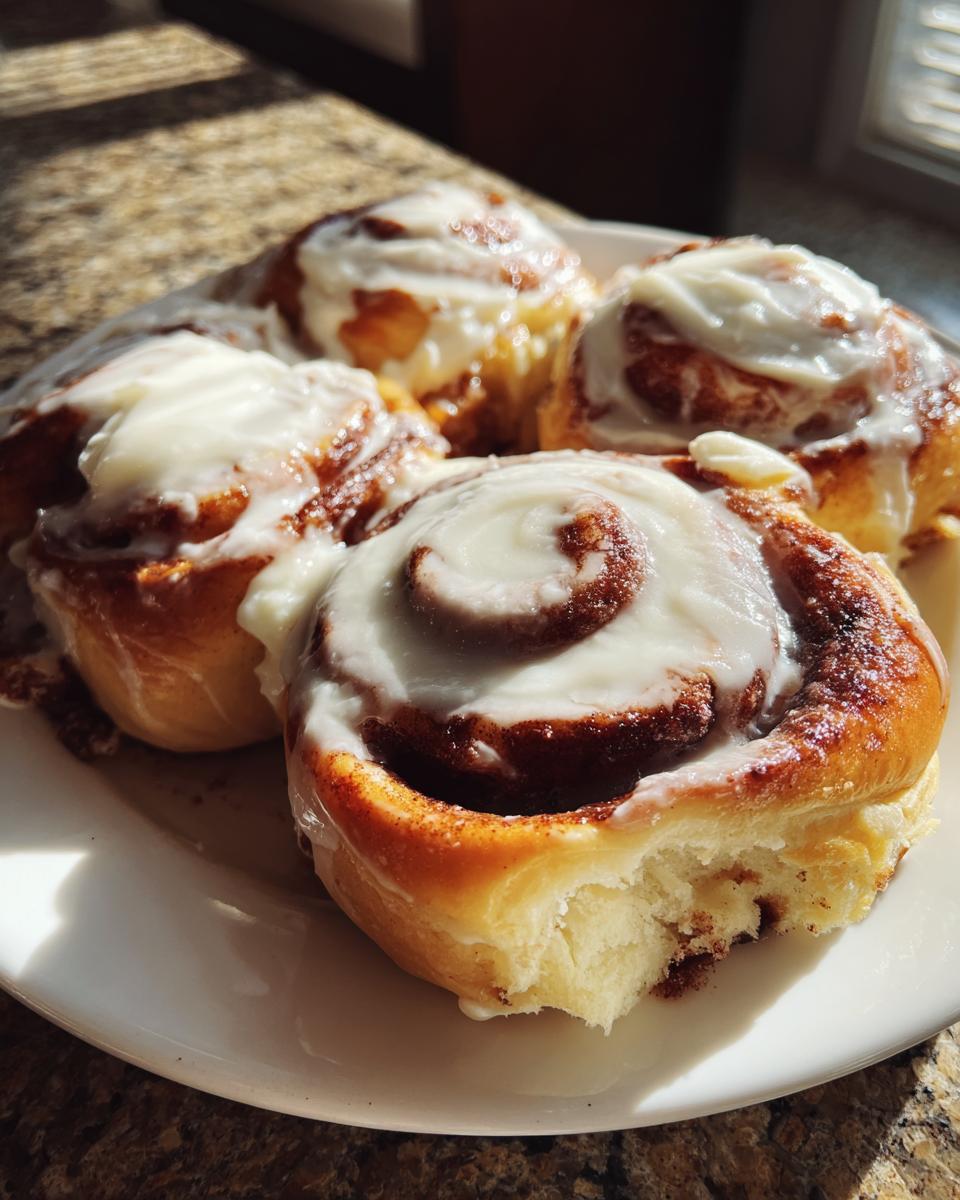 Four freshly baked sourdough discard cinnamon rolls covered in thick white icing, one has a bite taken out.