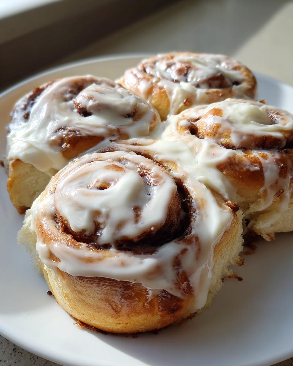 Four freshly baked sourdough discard cinnamon rolls covered in thick white cream cheese icing on a white plate.