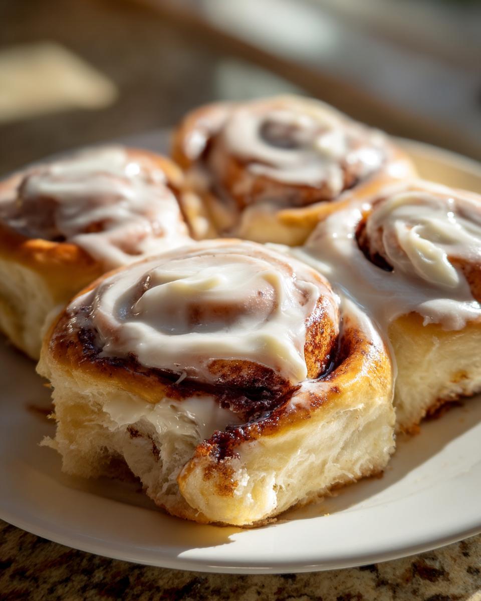 Four fluffy sourdough discard cinnamon rolls generously topped with white cream cheese icing, sitting on a white plate.