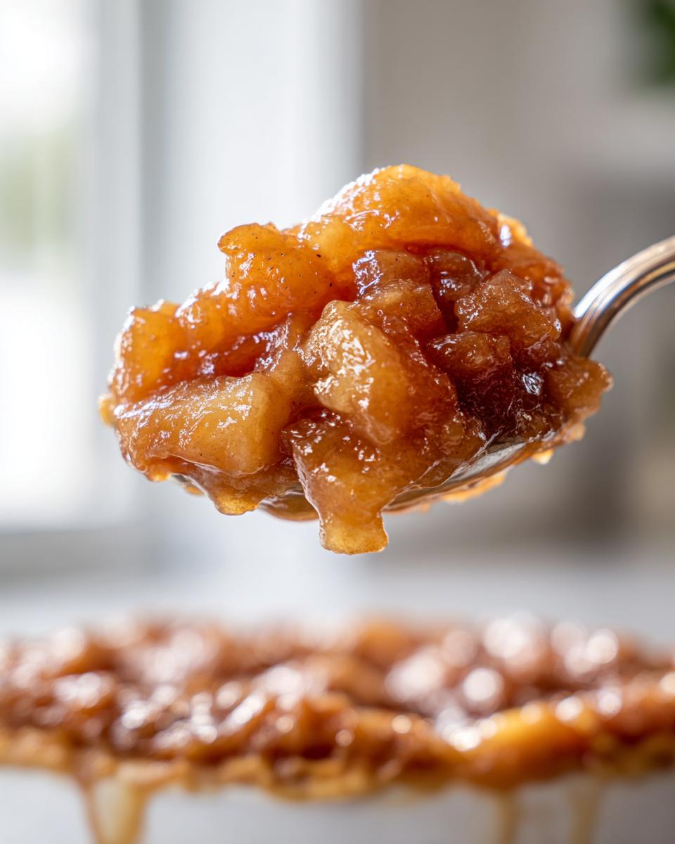 A close-up shot showing a spoonful of thick, spiced apple pie filling recipe dripping slightly over a blurred dish below.